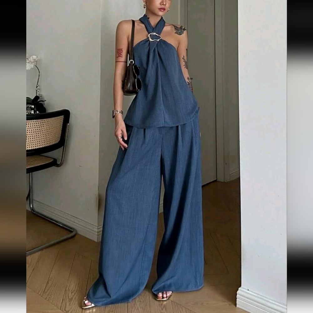 2pcs/Set Vintage Coin Decor Halter Neck Top And Wide Leg Pants Set - Picture 5 of 8